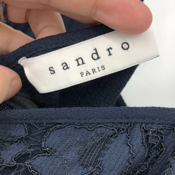 Sandro Paris Navy Blue Viscose  Lace Overlay Sleeveless Romper adjustable straps - Picture 5 of 16